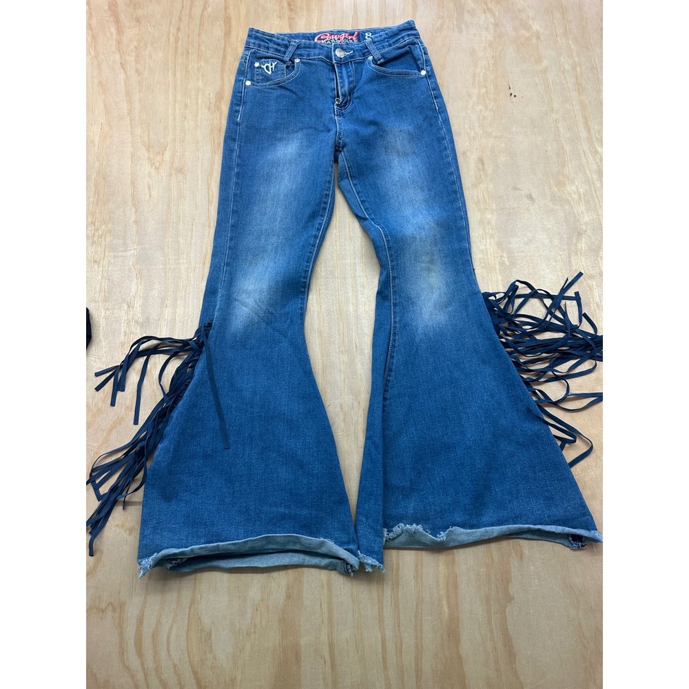 Cowgirl Hardware Girls Fringe Bell Bottom Flare Jeans Size 8 Raw Hem Western